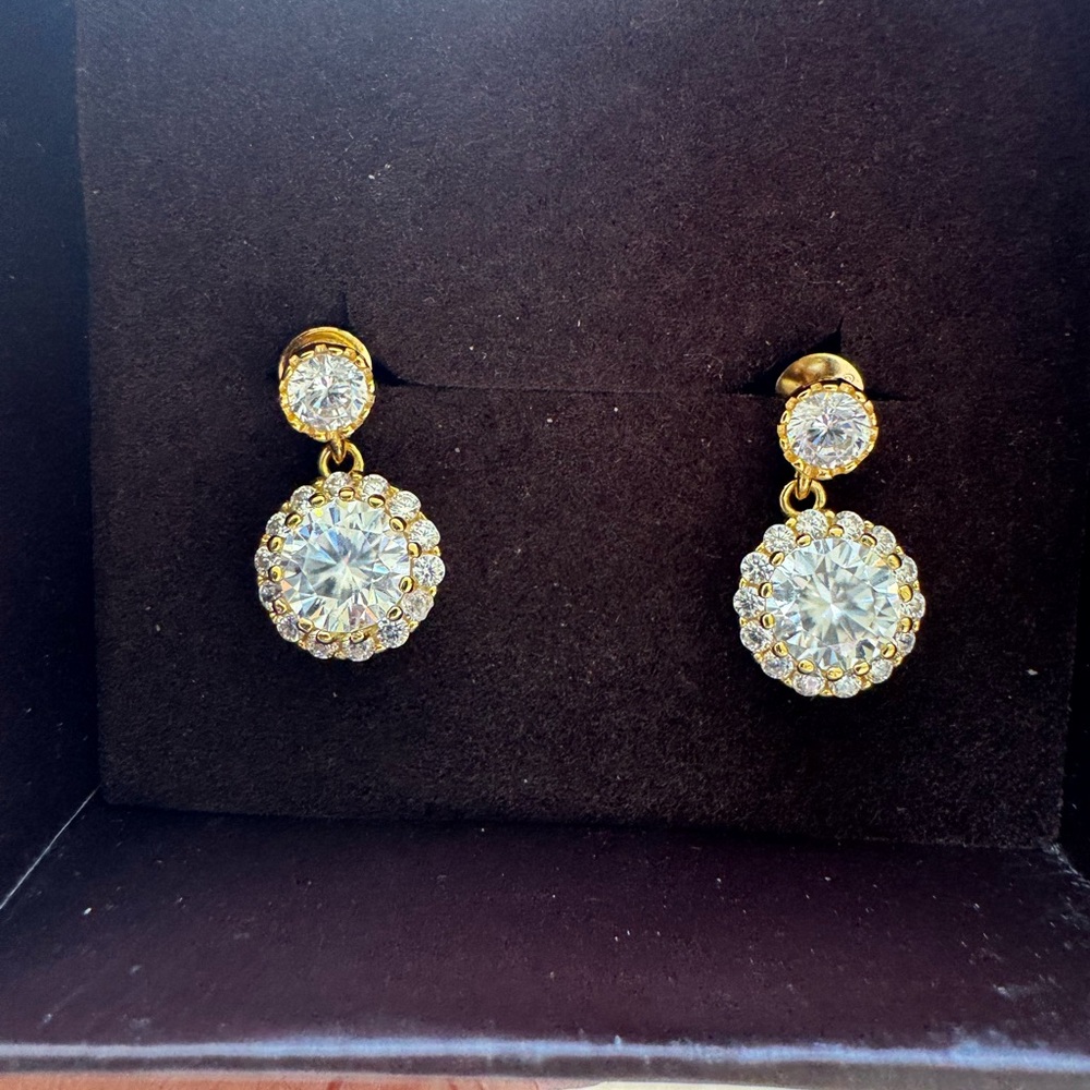 2CTW Halo Moissanite Dangle Earrings S925 Gold